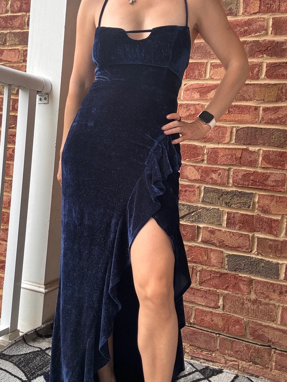 Midnight Blue Velvet High-Low Evening Dress with Side Ruffle